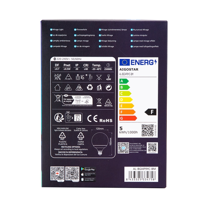 Λάμπα LED RGBW Dimmable MESH G120 E27/4,9W/230V 2700-6500K + τηλεχειριστήριο - Aigostar
