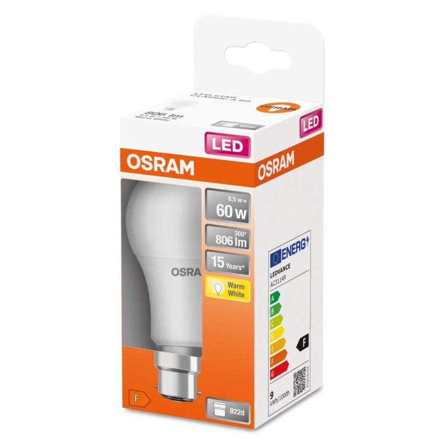 Λαμπτήρας LED A60 B22d/8,5W/230V 2700K - Osram
