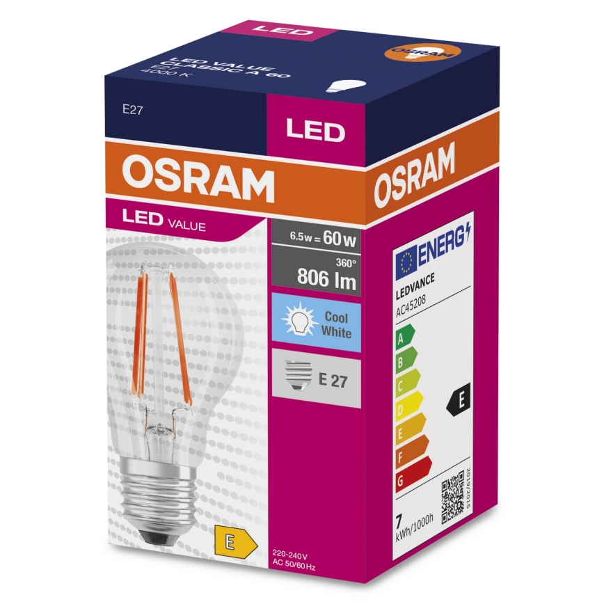 Λαμπτήρας LED FILAMENT A60 E27/6,5W/230V 4000K - Osram