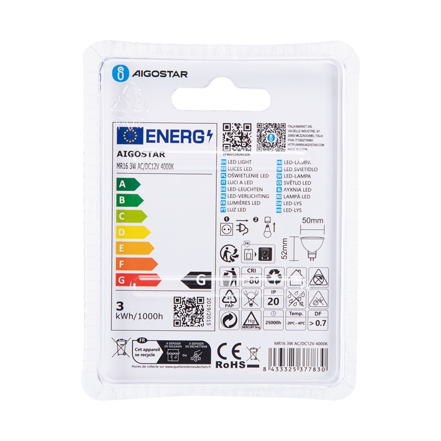 Λαμπτήρας LED MR16 GU5,3/3W/12V 4000K - Aigostar