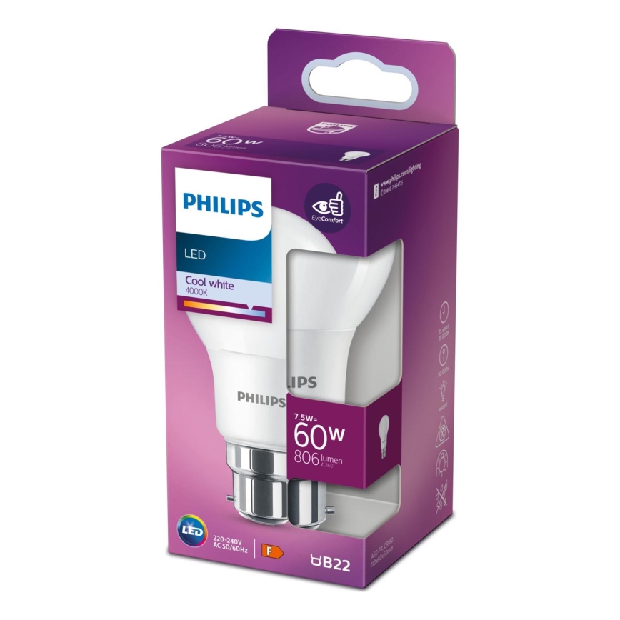 Λαμπτήρας LED Philips A60 B22/7,5W/230V 4000K