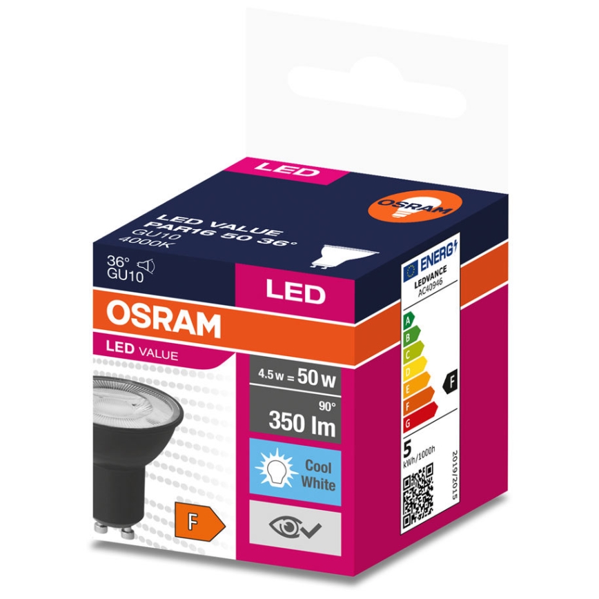 Λαμπτήρας LED VALUE PAR16 GU10/4,5W/230V 6500K 36° μαύρο - Osram