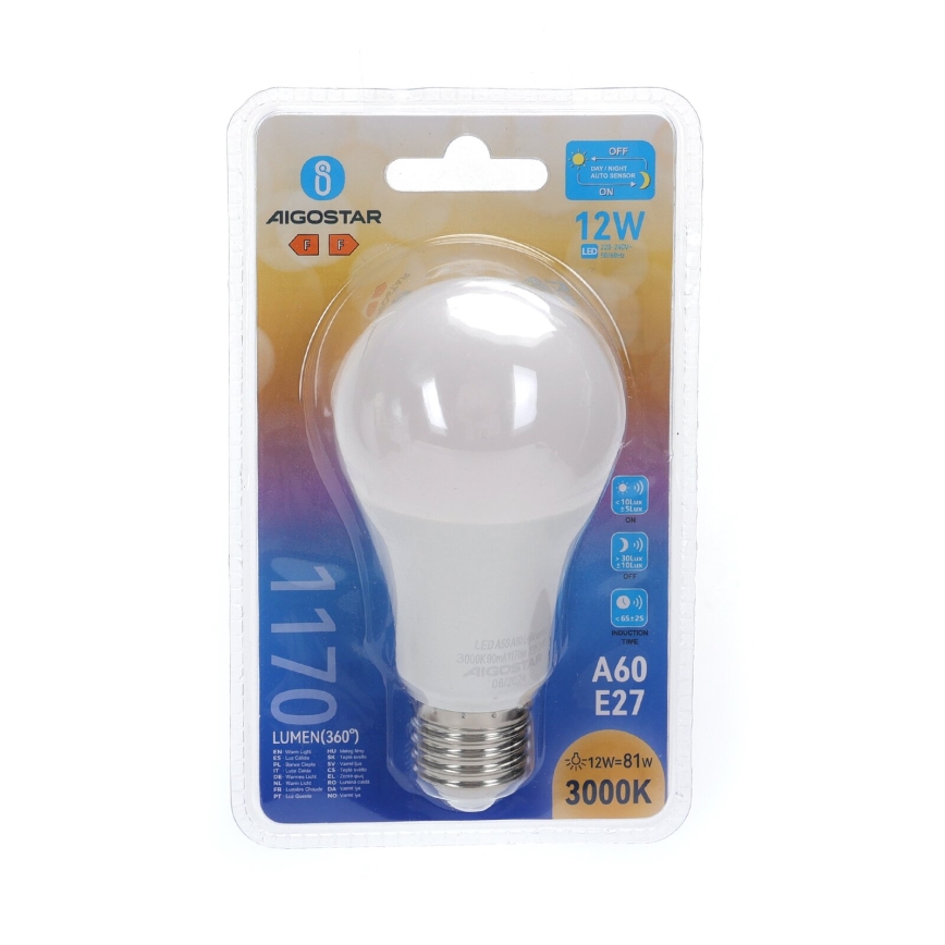 Λαμπτήρας LED με αισθητήρα λυκόφωτος A60 E27/12W/230V 3000K - Aigostar