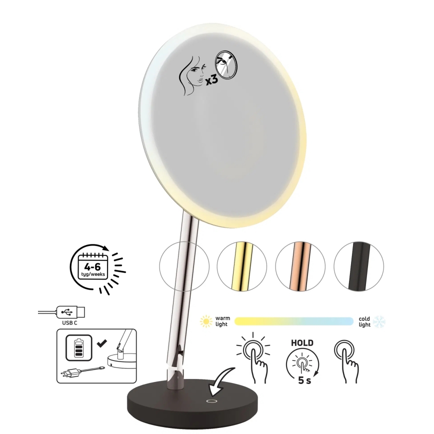 Deante ADI_Z812 - LED επαναφορτιζόμενος καλλυντικός καθρέφτης μπάνιου SILIA LED/5V 5000 mAh 2700-6500K IP44