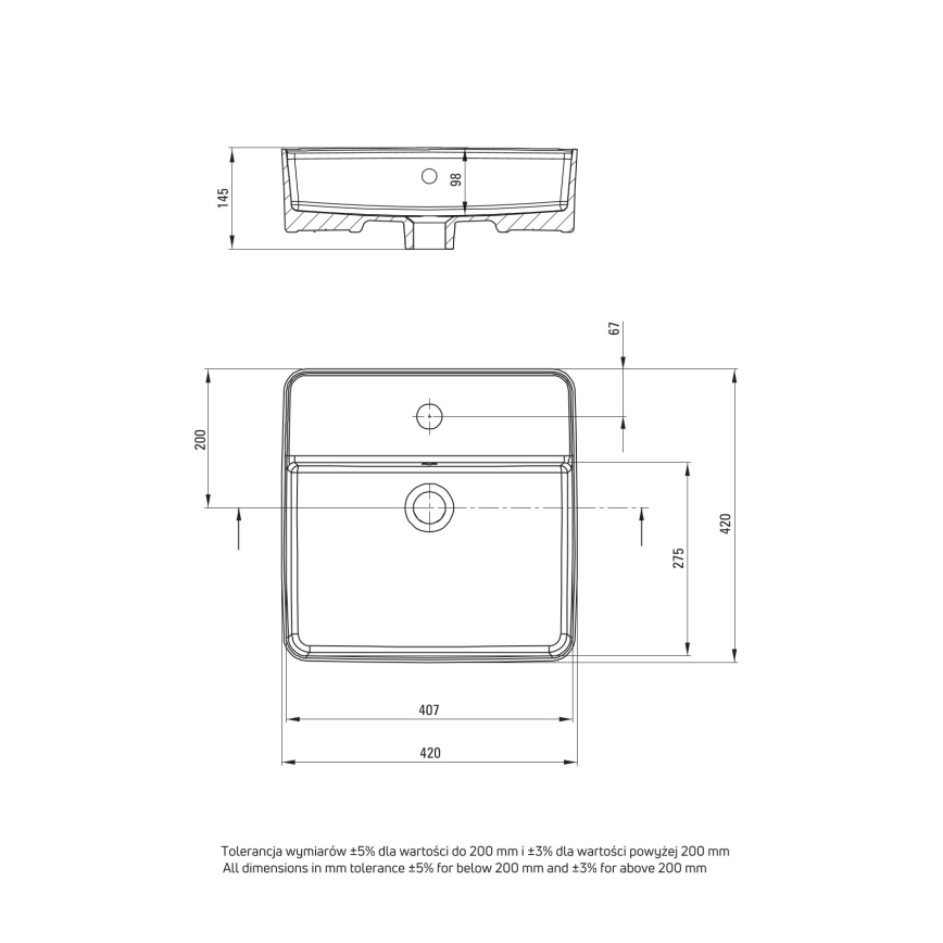 Deante CGS_6U4B - Εντοιχιζόμενο νιπτήρας με οπή για μπαταρία SQUARE 42x42 εκ. κεραμικό/λευκό