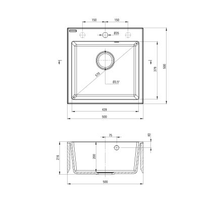Deante ZQJNN103 - Νεροχύτης κουζίνας EVORA 50x50 cm + μπαταρία νεροχύτη με εύκαμπτο στόμιο γρανίτης/μαύρο