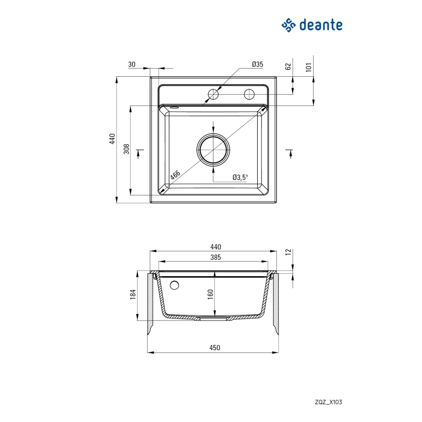 Deante ZQZ_T103 - Νεροχύτης κουζίνας ZORBA 44x44 cm γρανίτης/ανθρακί