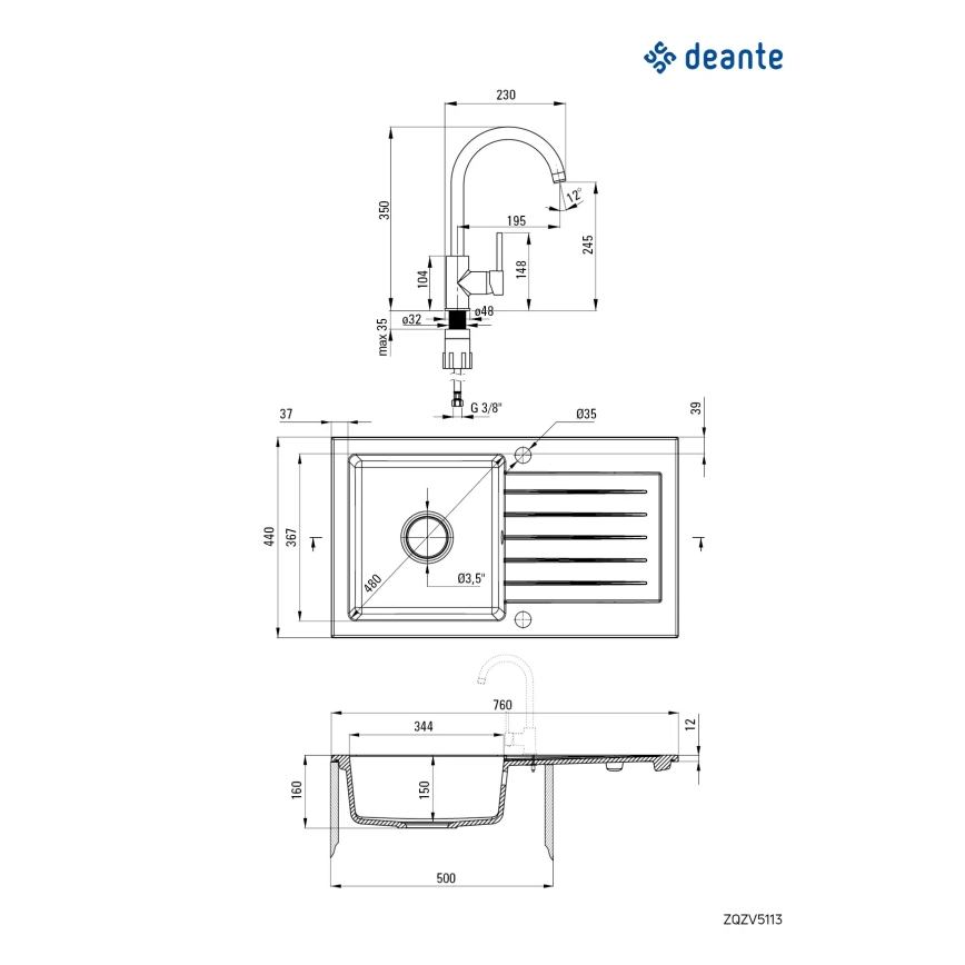 Deante ZQZVT113 - Νεροχύτης κουζίνας ZORBA 76x44 cm + μπαταρία νεροχύτη γρανίτης/metallic ανθρακί