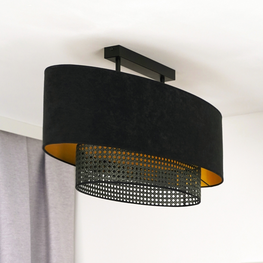 Duolla - Πλαφονιέρα οροφής DOUBLE OVAL RATTAN 2xE27/15W/230V μαύρο/καλάμι rattan
