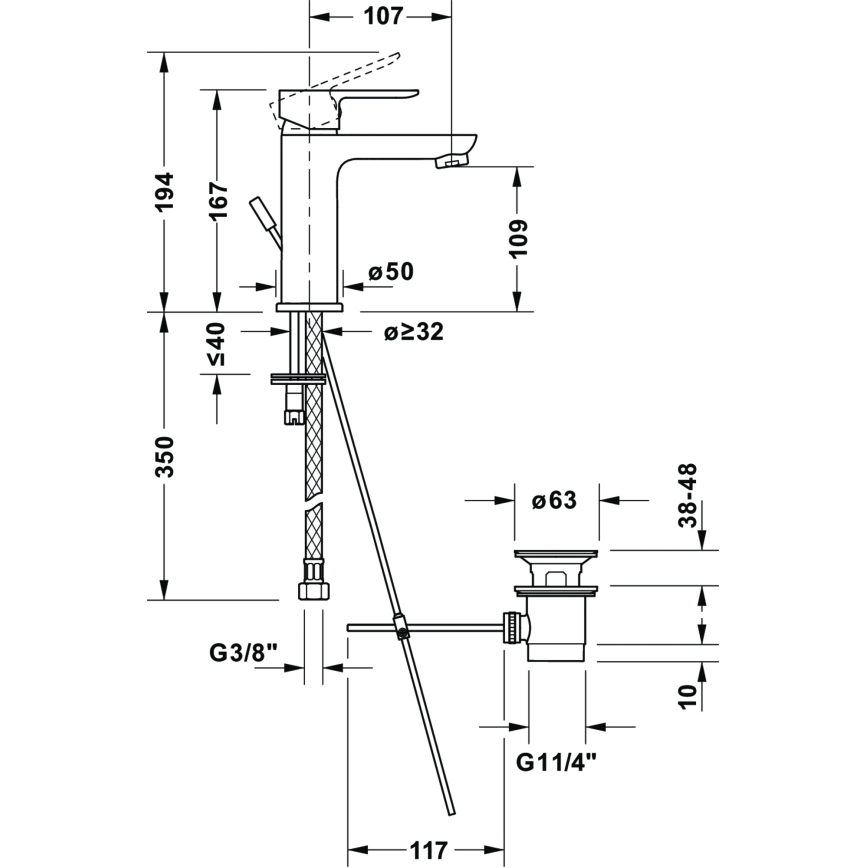 Duravit DC1023001046 - Μπαταρία νιπτήρα + βαλβίδα αποστράγγισης D-CODE ματ μαύρο