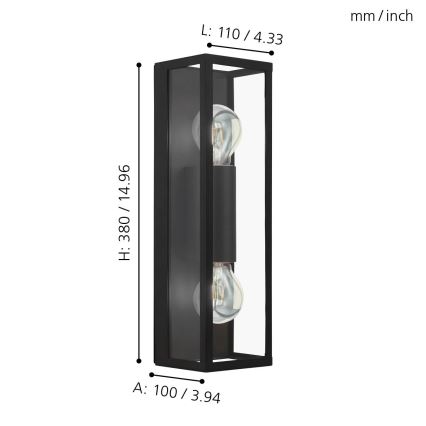 Eglo 33856 - Εξωτερικό φωτιστικό τοίχου ALAMONTE 2xE27/60W/230V IP44 μαύρο