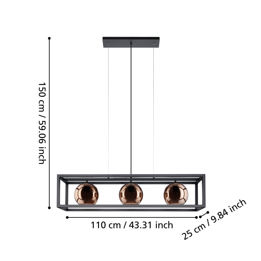 Eglo - Κρεμαστό φωτιστικό οροφής 3xE27/40W/230V χαλκός/μαύρο
