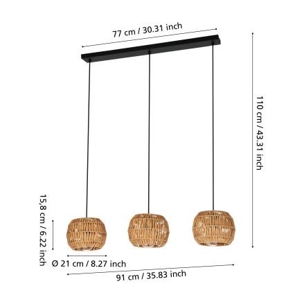 Eglo - Κρεμαστό φωτιστικό με καλώδιο 3xE27/40W/230V καφέ