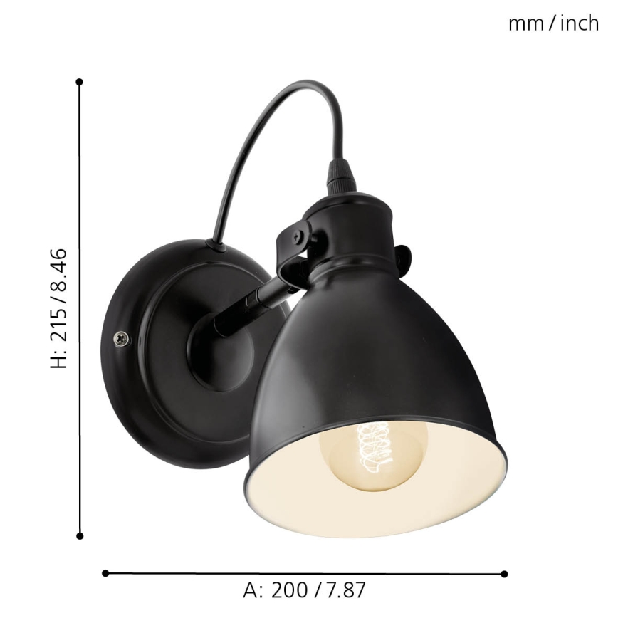 Eglo 55261 - Επιτοίχιο φωτιστικό PRIDDY 1xE27/40W/230V μαύρο