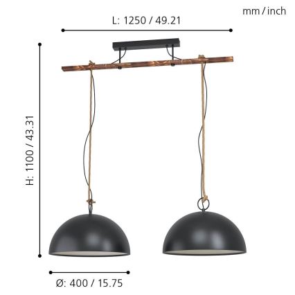Eglo 78444 - Κρεμαστό φωτιστικό οροφής HODSOLL 2xE27/40W/230V μαύρο/καφέ