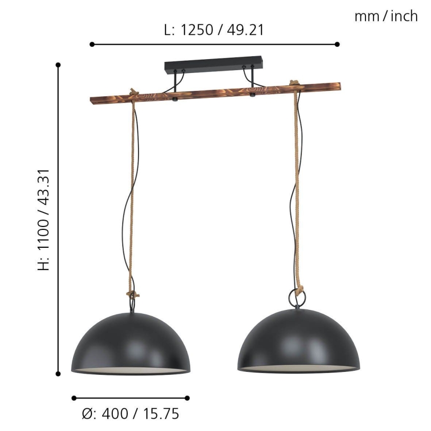 Eglo 78444 - Κρεμαστό φωτιστικό οροφής HODSOLL 2xE27/40W/230V μαύρο/καφέ