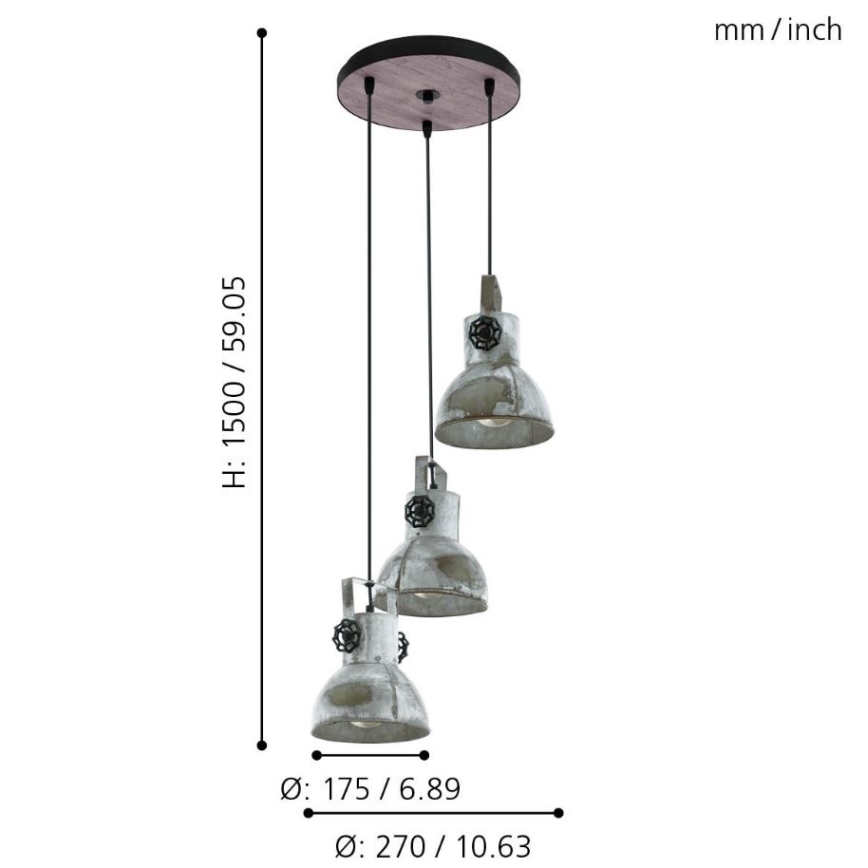 Eglo 79371 - Κρεμαστό φωτιστικό με καλώδιο BARNSTAPLE 3xE27/40W/230V καφέ/πατίνα