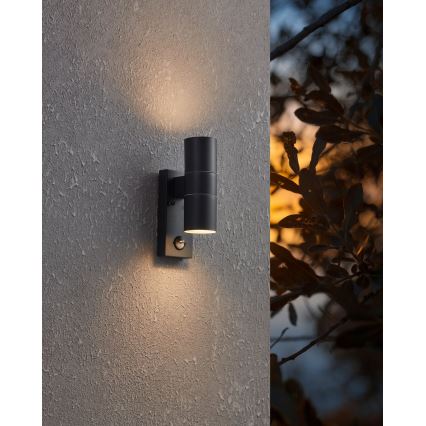 Eglo 79545- LED Φωτιστικό τοίχου εξωτερικού χώρου με αισθητήρα ARAPONGAS 2xGU10/2,8W/230V IP44 μαύρο