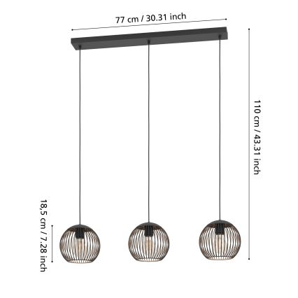 Eglo - Κρεμαστό φωτιστικό με καλώδιο 3xE27/60W/230V μαύρο