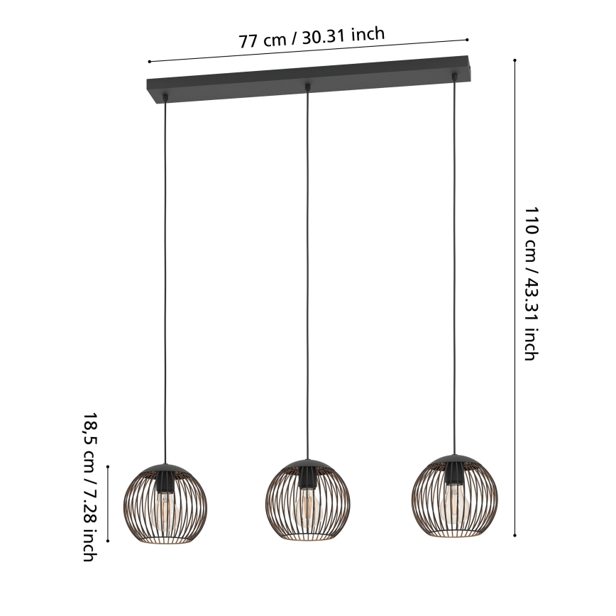 Eglo - Κρεμαστό φωτιστικό με καλώδιο 3xE27/60W/230V μαύρο