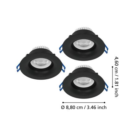Eglo - Σετ 3x LED εντοιχισμένα φωτιστικά μπάνιου LED/4,9W/230V 2700/4000/6500K διάμ. 8,8 cm IP65 μαύρα
