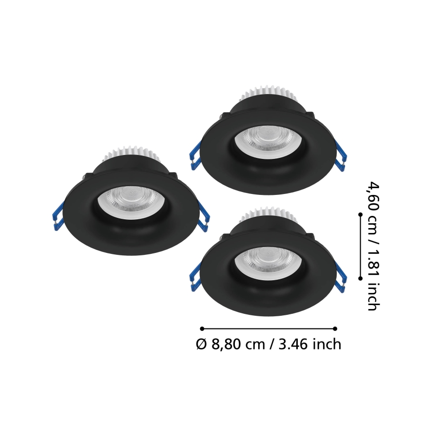 Eglo - Σετ 3x LED εντοιχισμένα φωτιστικά μπάνιου LED/4,9W/230V 2700/4000/6500K διάμ. 8,8 cm IP65 μαύρα