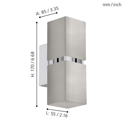 Eglo 96264 - Επιτοίχιο φωτιστικό LED PASSA 2xGU10/2,8W/230V, τετράγωνο