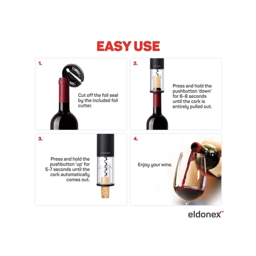 ELDONEX EWO-2100-BK - Ηλεκτρικός ανοιχτήρας κρασιού 4xAA μαύρο