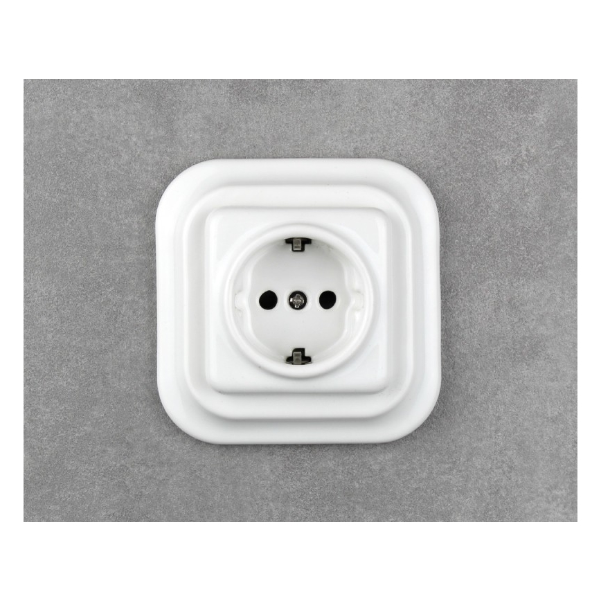 Elhard - Κεραμική ρετρό οικιακή πρίζα SCHUKO 230V με πλαίσιο, λευκή