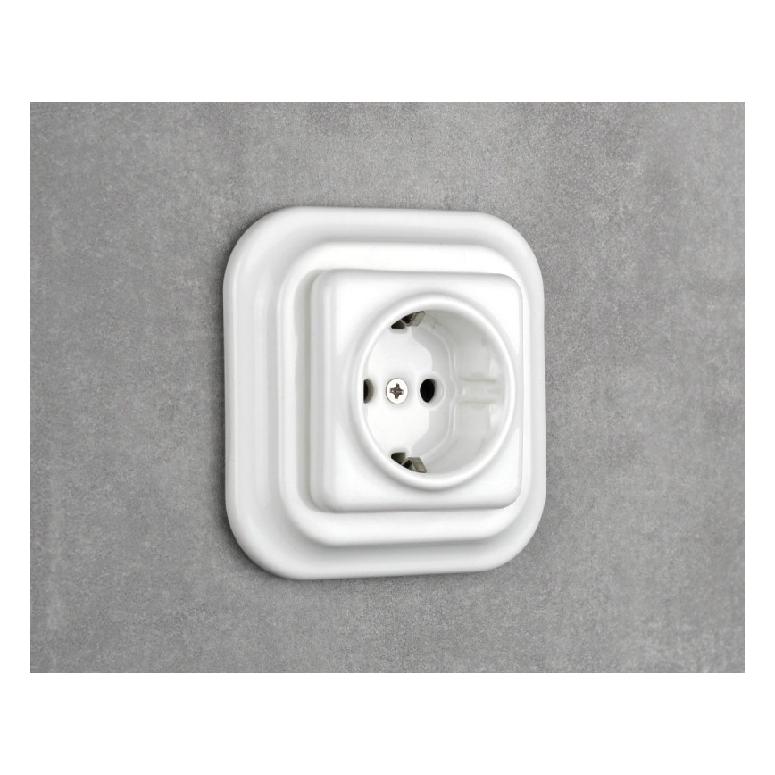 Elhard - Κεραμική ρετρό οικιακή πρίζα SCHUKO 230V με πλαίσιο, λευκή