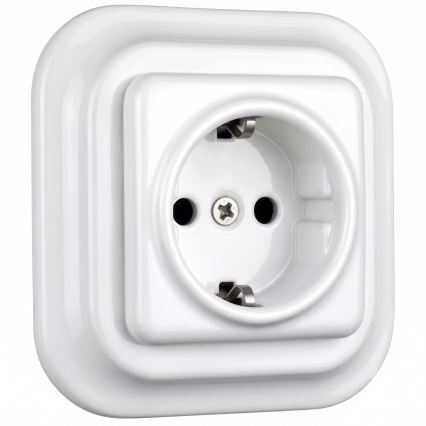 Elhard - Κεραμική ρετρό οικιακή πρίζα SCHUKO 230V με πλαίσιο, λευκή