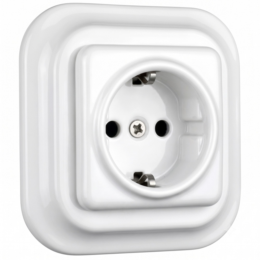 Elhard - Κεραμική ρετρό οικιακή πρίζα SCHUKO 230V με πλαίσιο, λευκή