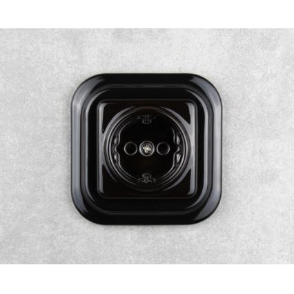Elhard - Κεραμική ρετρό οικιακή πρίζα SCHUKO 230V με πλαίσιο, μαύρη