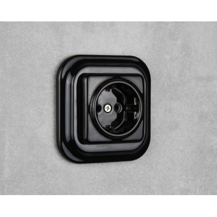 Elhard - Κεραμική ρετρό οικιακή πρίζα SCHUKO 230V με πλαίσιο, μαύρη