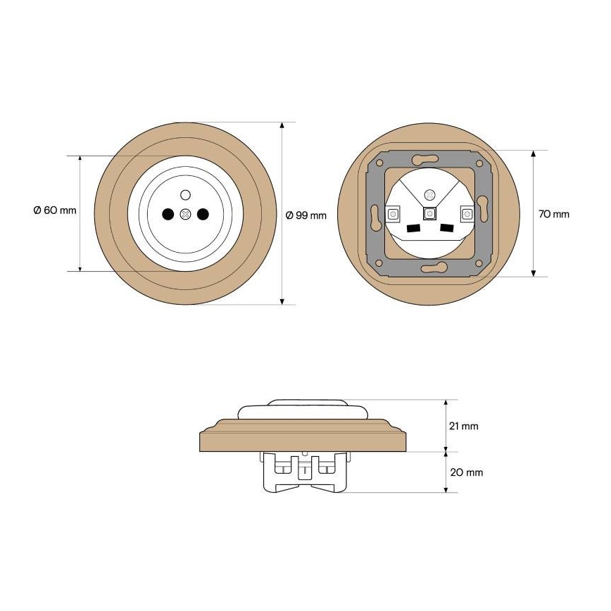 Elhard - Κεραμική ρετρό οικιακή πρίζα με πλαίσιο 230V λευκή/ανοιχτό ξύλο