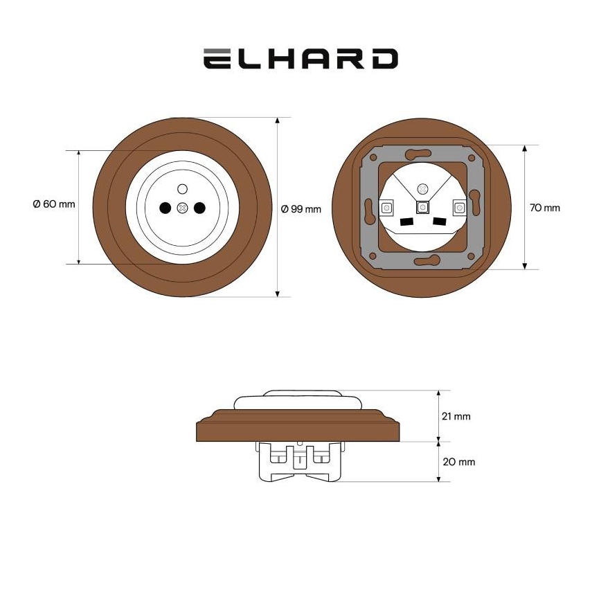 Elhard - Κεραμική ρετρό οικιακή πρίζα με πλαίσιο 230V σε μαύρο/σκούρο ξύλο