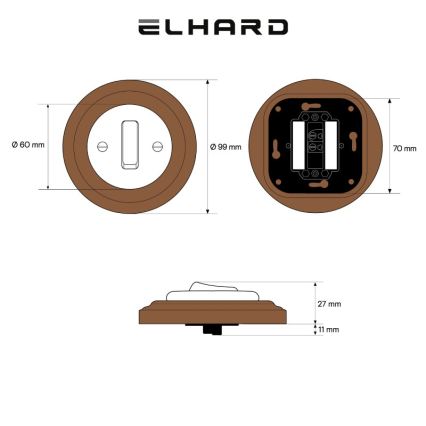 Elhard - Κεραμικός ρετρό μονός διακόπτης με πλαίσιο αρ. 1 λευκό/σκούρο ξύλο