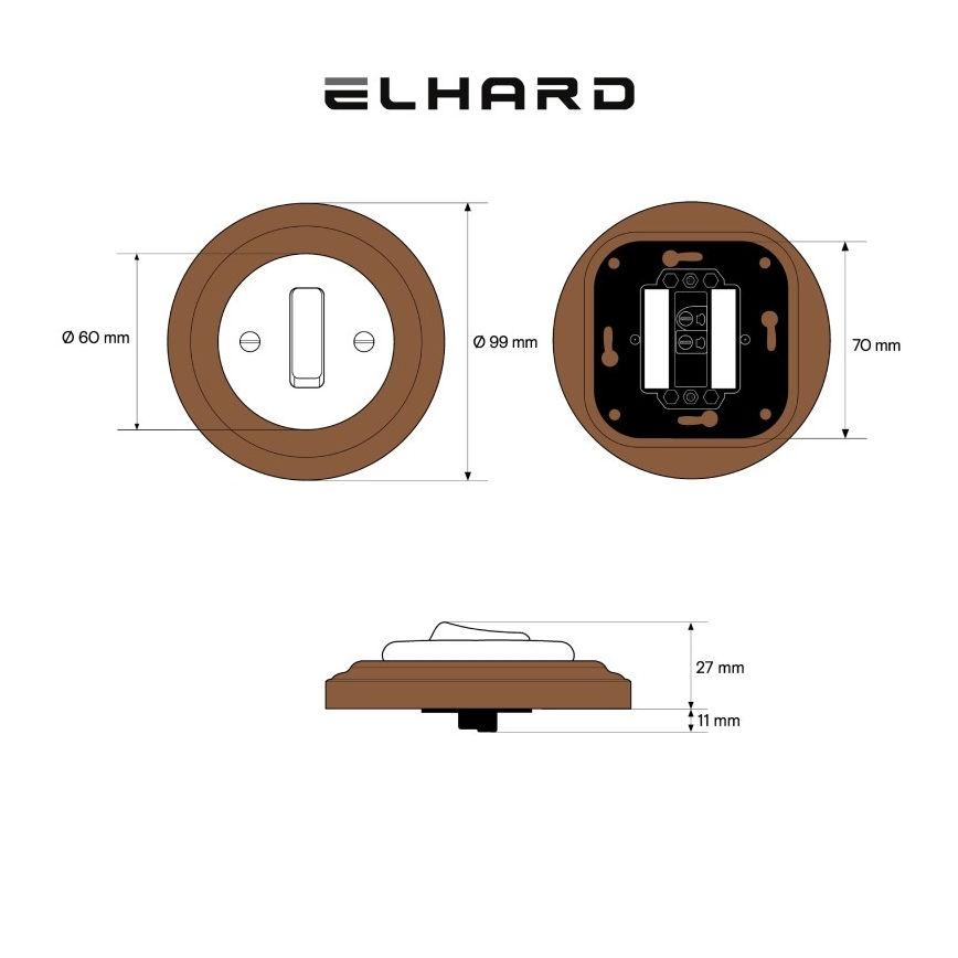 Elhard - Κεραμικός ρετρό μονός διακόπτης με πλαίσιο αρ. 1 λευκό/σκούρο ξύλο