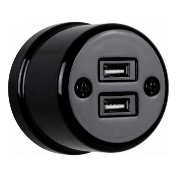 Elhard - Επιτοίχια κεραμική ρετρό πρίζα με 2 θύρες USB-A, μαύρη