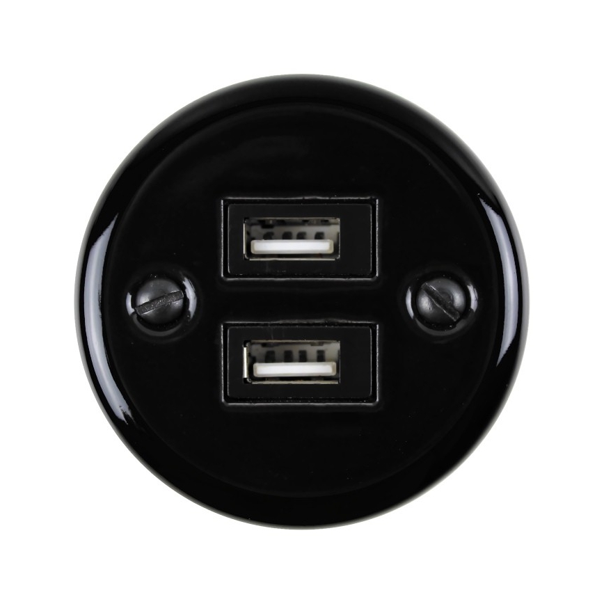 Elhard - Επιτοίχια κεραμική ρετρό πρίζα με 2 θύρες USB-A, μαύρη