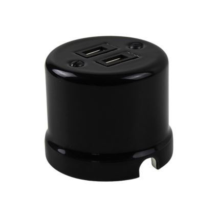 Elhard - Επιτοίχια κεραμική ρετρό πρίζα με 2 θύρες USB-A, μαύρη