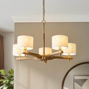 Endon 116994 - Κρεμαστό φωτιστικό με αλυσίδα HEATHCLIFF 5xE14/7W/230V ορείχαλκος/ξύλο φράξου