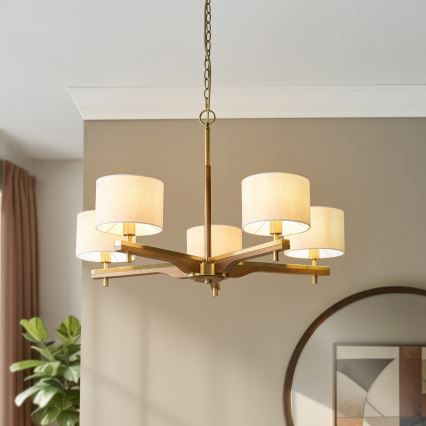 Endon 116994 - Κρεμαστό φωτιστικό με αλυσίδα HEATHCLIFF 5xE14/7W/230V ορείχαλκος/ξύλο φράξου