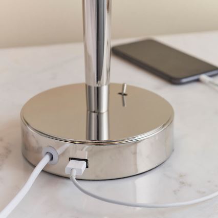 Endon 72175 - Eπιτραπέζιο φωτιστικό με θύρα USB SYON 1xE14/40W/230V γυαλιστερό χρώμιο/μπεζ