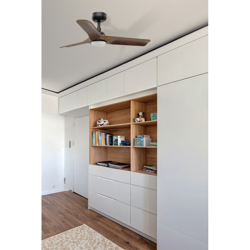 FARO 33806WT1S - Ανεμιστήρας οροφής LED ρυθμιζόμενης φωτεινότητας HEYWOOD S LED/10W/230V 2700/3000/4000K Ø 90 cm ξύλο/μαύρο Wi‑Fi Tuya + τηλεχειριστήριο