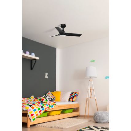 FARO 33825-1TW - Ανεμιστήρας οροφής HEY S με ρυθμιζόμενο φωτισμό LED/10W/230V 2700/3000/4000K, μαύρος, διάμ. 90 cm + τηλεχειριστήριο
