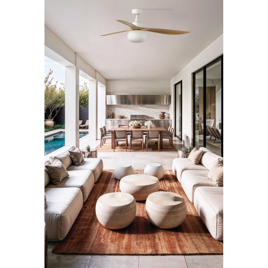 FARO 34361WT-11L - Ανεμιστήρας οροφής OUTWOOD L 1xE27/15W/230V καφέ/λευκό Ø 150 cm Wi-Fi Tuya IP44 + τηλεχειριστήριο