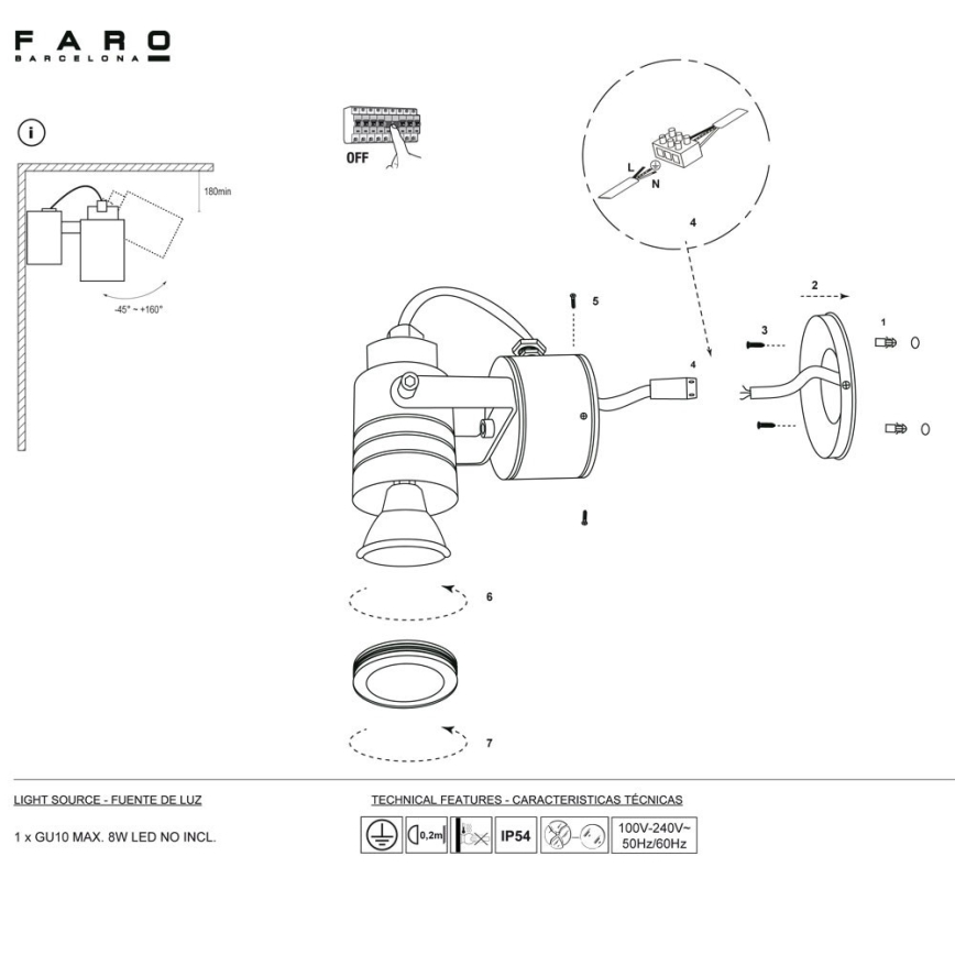 FARO 70260 - Φως τοίχου εξωτερικού χώρου LIT 1xGU10/8W/230V IP54