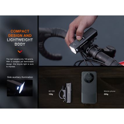 Fenix BC15R - LED Dimmable επαναφορτιζόμενο φως ποδηλάτου LED/USB IP66 400 γυαλιστερό 31,5 h 2600 mAh