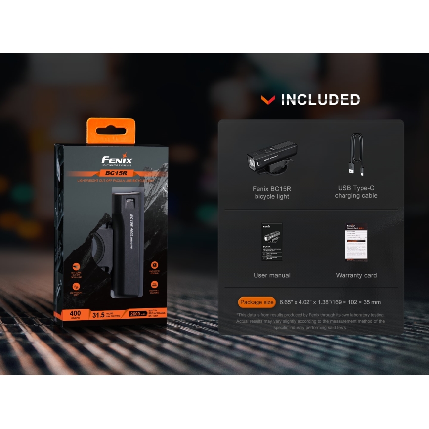 Fenix BC15R - LED Dimmable επαναφορτιζόμενο φως ποδηλάτου LED/USB IP66 400 γυαλιστερό 31,5 h 2600 mAh